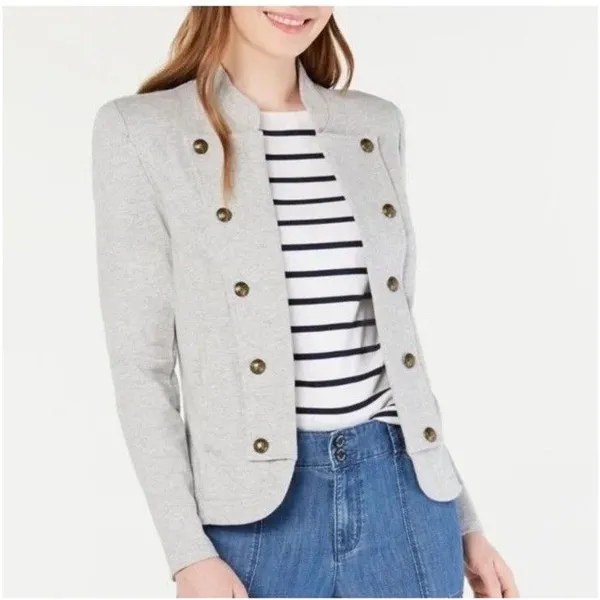 Tommy Hilfiger Gray Military Jacket Button Front Pockets Short Coat Size L/G - Image 2