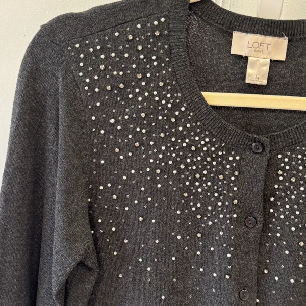 Loft Outlet Gray Rhinestone Embellished Cotton Cardigan Sweater Medium Holiday - Image 4
