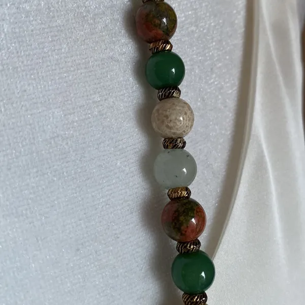 Long Mixed Jasper Agate Stone Bead Strand Necklace with Etched Copper Spacers - Image 3