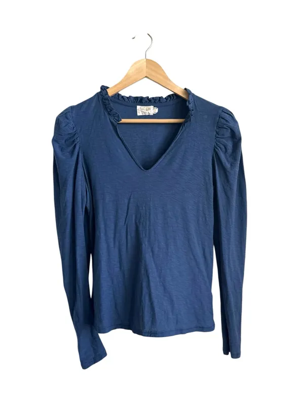 Nation LTD Tamira Elizabethan Tee Ocean Blue Ruffle Pima Cotton Top Medium - Image 4