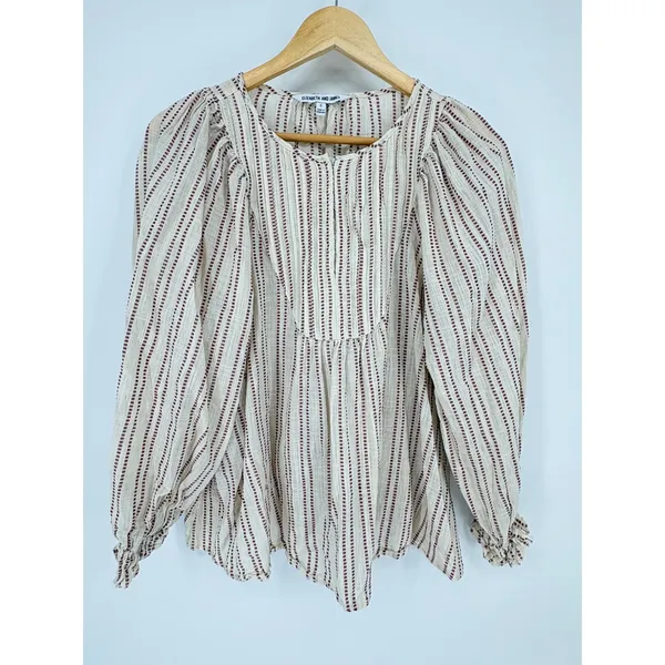 Elizabeth and James Blouse Womens Small‎ Ivory Burgundy Pintuck Peasant Top Boho - Image 3