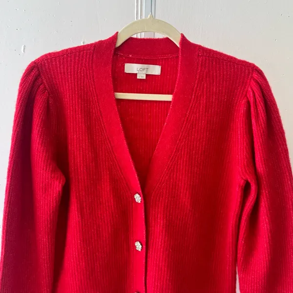 NWOT LOFT Rhinestone Buttons Relaxed‎ Fit Knit Cardigan Sweater Red Small - Image 3