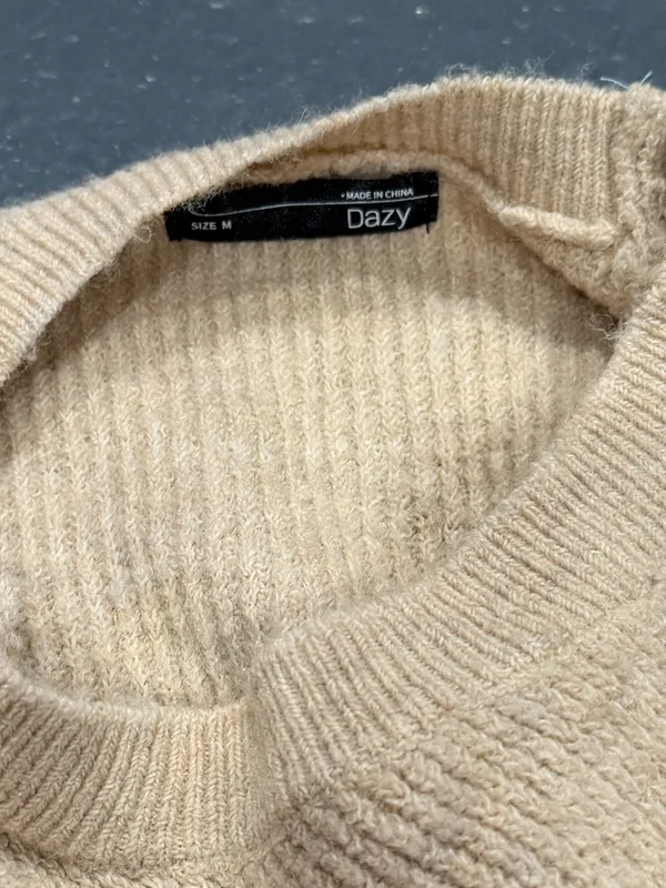 Neutral Beige Cropped Knit Sweater - Women's Sweater - Image 2