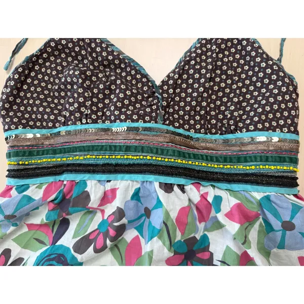 Womens‎ Floral Halter Top Brown Teal Boho Beaded Sequin Empire Babydoll Waist 8 - Image 3