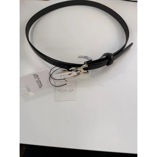Rachel Zoe‎ Black Leather Belt High Shine Gold Interlocking Chain Link L NWT - Image 2
