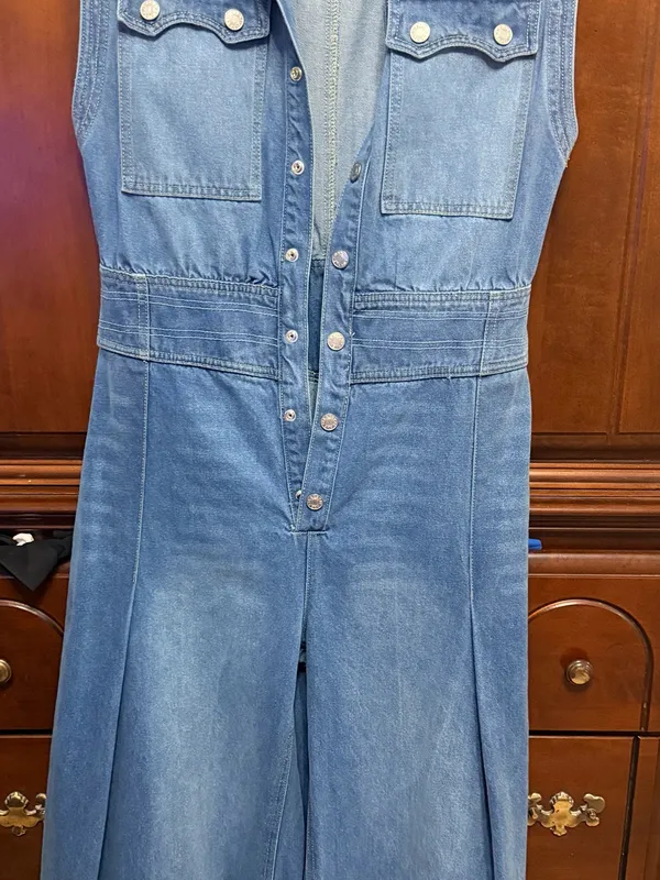 Wide-Leg Denim Jumpsuit Jeans - Blue - Image 3
