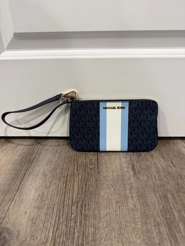 Michael Kors Jet Set Travel Large Top Zip Wristlet Navy Blue White Gold Purse - Image 2