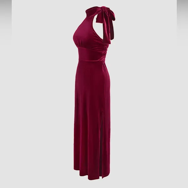Burgundy Velvet Halter Bowknot Lace Up Maxi Dress: M/Size 6 - Image 3