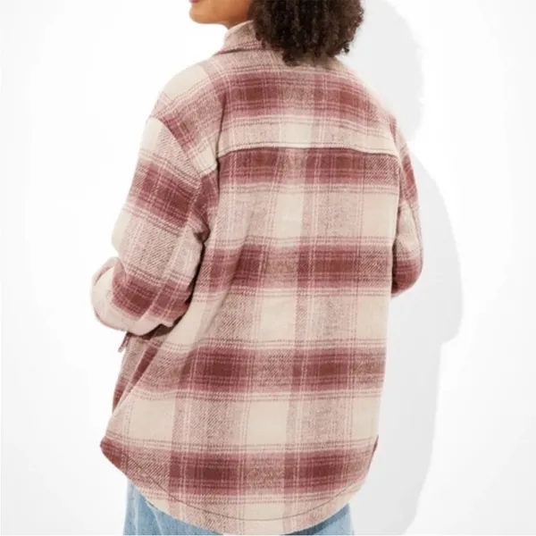 American Eagle Plaid Sherpa Lined Shacket Jacket L Burgundy Cream Button Front - Image 8