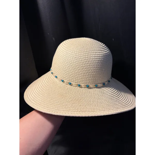 Woven Paper Straw Sun Hat Turquoise Bead Accent Split‎ Back Wide Brim Tan OSFM - Image 6