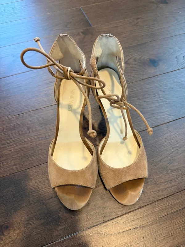 Nine West Suede Lace-Up Open-Toe Heels in Tan Size 7 - C37-085 - Image 2