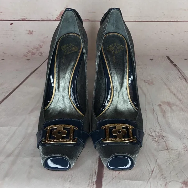 Gracienne Vintage Size‎ 8 Pumps High Heels Patent Leather Blue Silver - Image 3