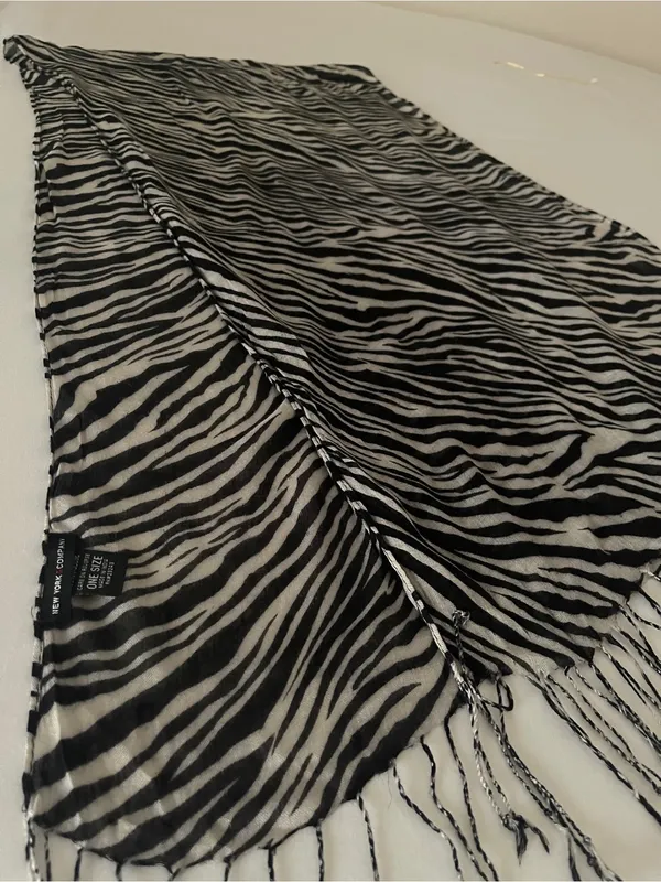 New York & Company Black and White Zebra-Striped Fringe Scarf - Image 2