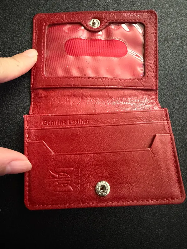 TUSK vintage leather wallet snap clear ID photo window red/black card holder os - Image 3