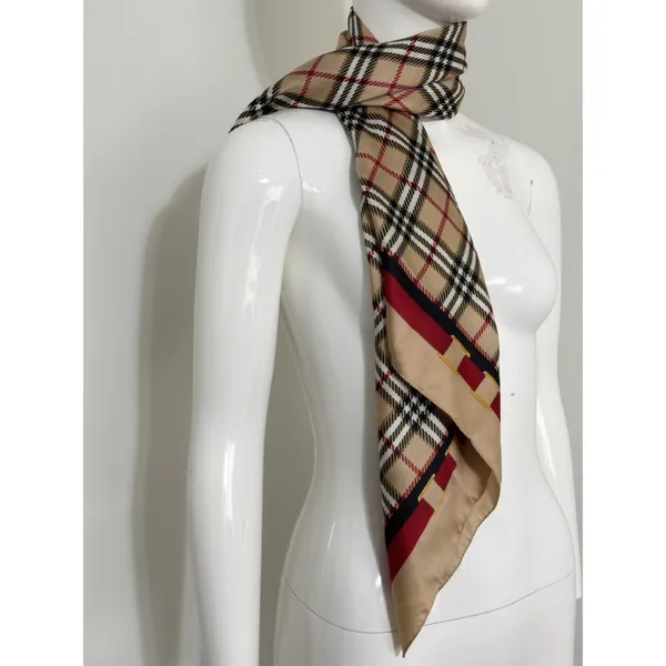 Vintage Plaid Square Scarf Tan Red Black Check Head Neck Wrap Equestrian Buckle - Image 3