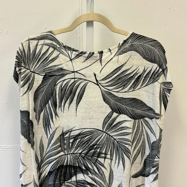 Tahari 100% Linen Tropical Palm Leaf Print Cap Sleeve T-shirt Top Black White XL - Image 5