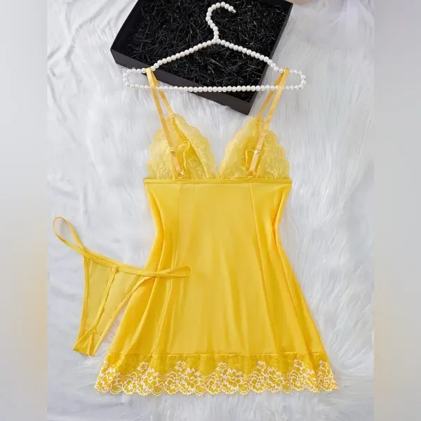 NWT New Fashion Yellow Lace Nightgown Slip Dress Size S - Image 4