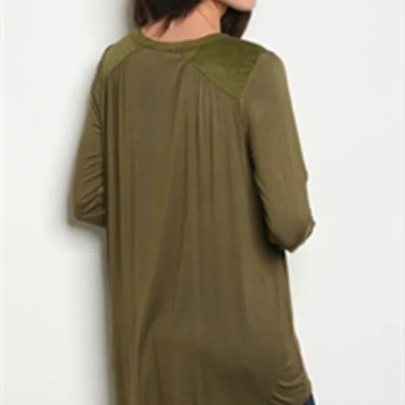 'VERY J' brand Small Olive Roll Button Sleeve Hi-Low Henley Office Blouse - Image 2