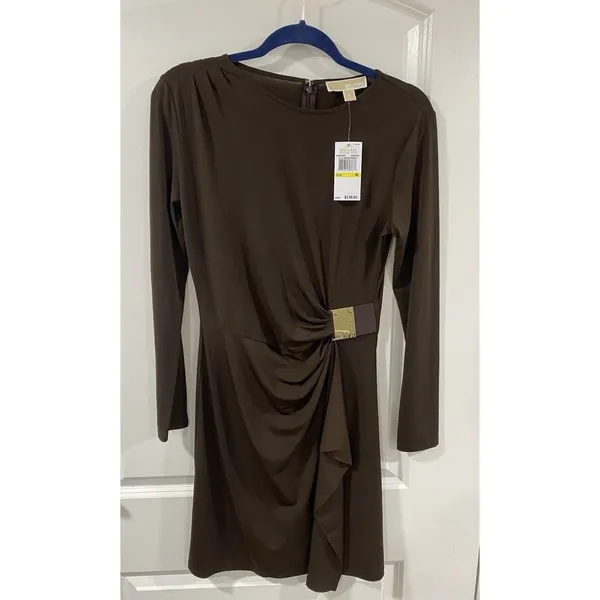 Michael Kors Faux Wrap Dress Brown Gold MK Buckle NWT M - Image 12