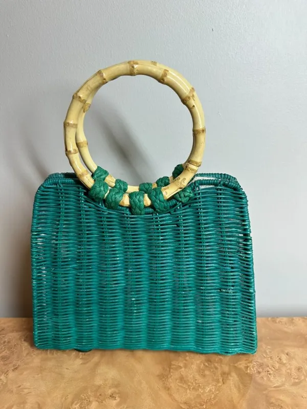 Zara Turquoise Woven Straw Tote Bamboo Ring Handles Beach Resort Handbag Boho - Image 4