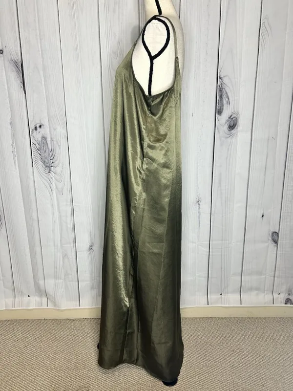 Vince Camuto Olive Green Satin Slip Maxi Dress Sz L V-Neck Strappy Sleeveless - Image 4