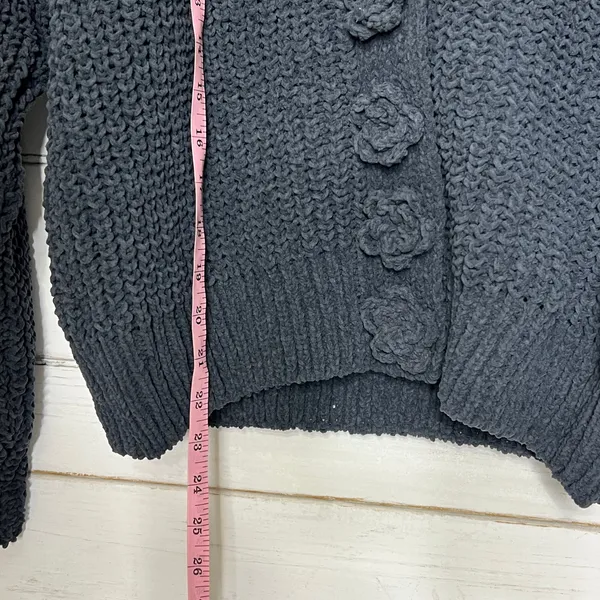 POL Chunky Knit Cardigan Sweater Small Black Flower Button Front Boho Textured - Image 6