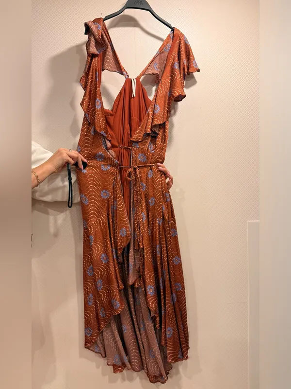 Anthropologie Ruffle-Sleeve Printed-Wrap Rust Midi Dress with Blue Floral Print - Image 6