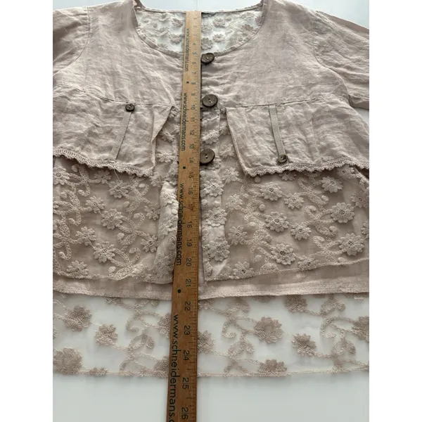 Linen Blouse Jacket Womens XL Blush Pink Lace Detail Boho Fairy Whimsy Coquette - Image 7