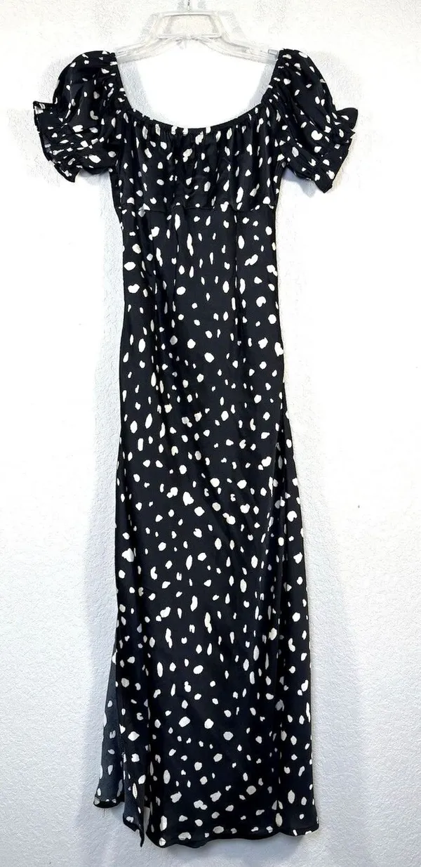 Petal & Pup Off the Shoulder Polka Dot Midi Dress 4 Black White Puff Sleeve Slit - Image 5