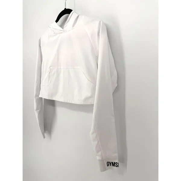 Gymshark Hoodie Windbreaker Cropped Oversized XS White Logo Pouch Pocket Active - Image 3