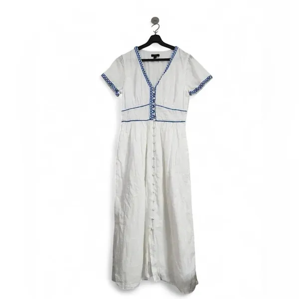 J.Crew White 100% Linen Embroidered Midi Dress Blue Ric Rac Button Front Size 2 - Image 5