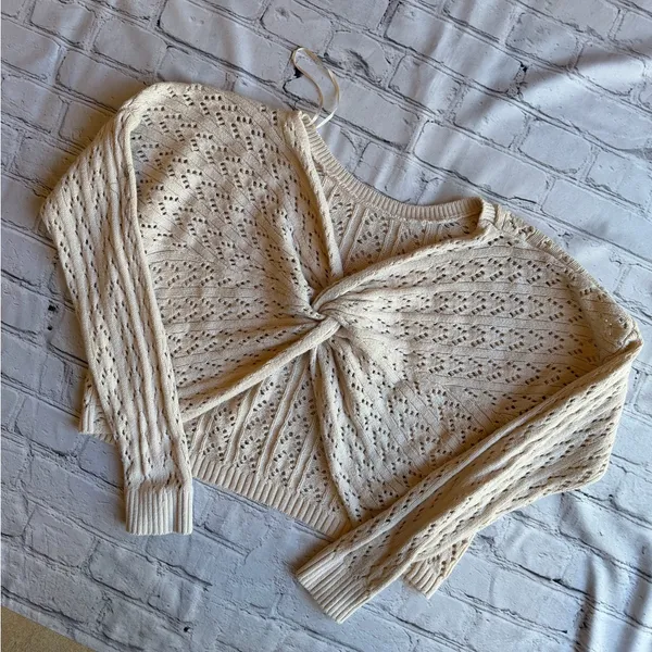 Hollister Open Knit Top Shrug Sweater Neutral Womens Twist Front Crop - Image 2