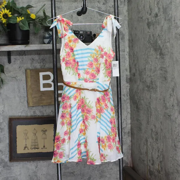 NWT City Studio Belted Floral-Print Fit & Flare Dress 3810-0025 Blue Multi 1 - Image 3