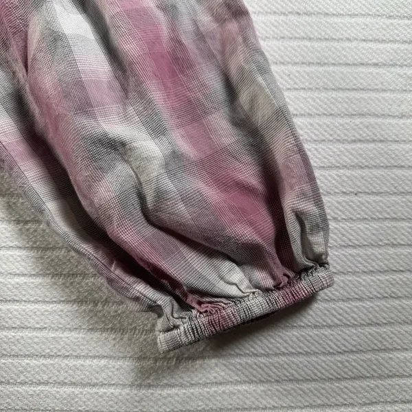 LOFT Women’s Medium Plaid Smocked Peasant Blouse Pink Gray Button Front - Image 6