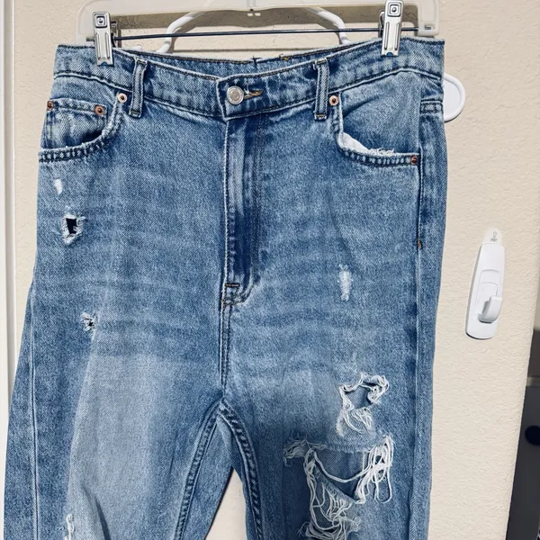 Zara High Waist Straight Leg 90s Full Length Jeans Sz 26/27 Thrashed Distressed - Image 2
