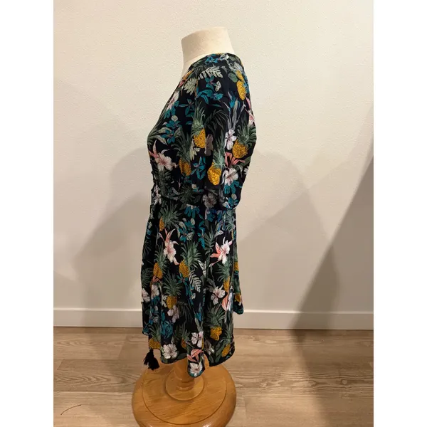 Tropical Pineapple Floral Mini Dress Black V-Neck Smocked Waist Tassel Accent M - Image 3