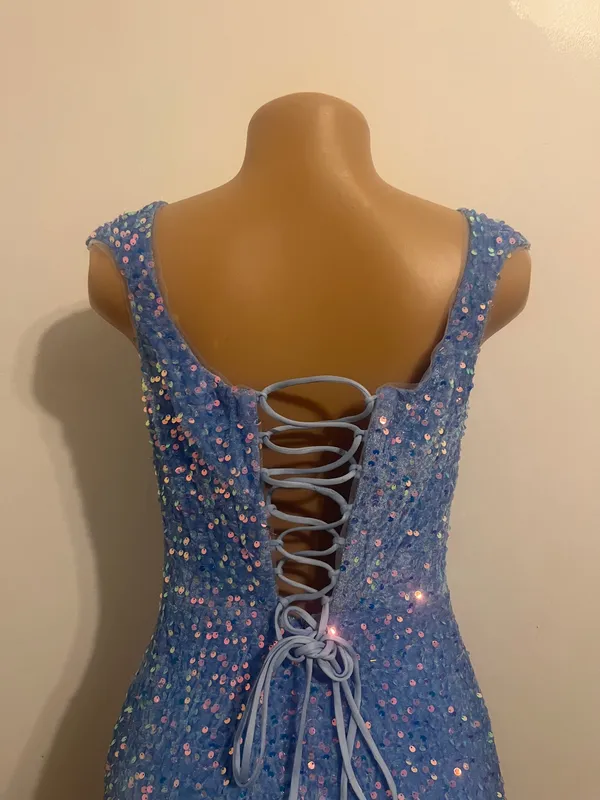 Stacees Shine in this elegant blue sequin dress, perfect for any special occasion. The shimmering sequins add a touch of glamour to your look. - Image 7