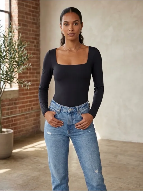 Babaton x Aritzia Contour Square Neck Long Sleeve Bodysuit Black Medium - Image 2