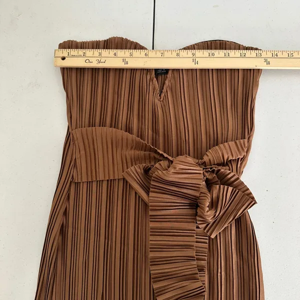New PrettyLittleThing Chocolate Brown Plisse V Bar Tie‎ Waist Midi Dress Size 4 - Image 9