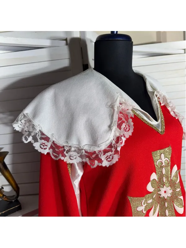 Vintage red musketeer costume top lace gold cross court jester ren fair cosplay - Image 5
