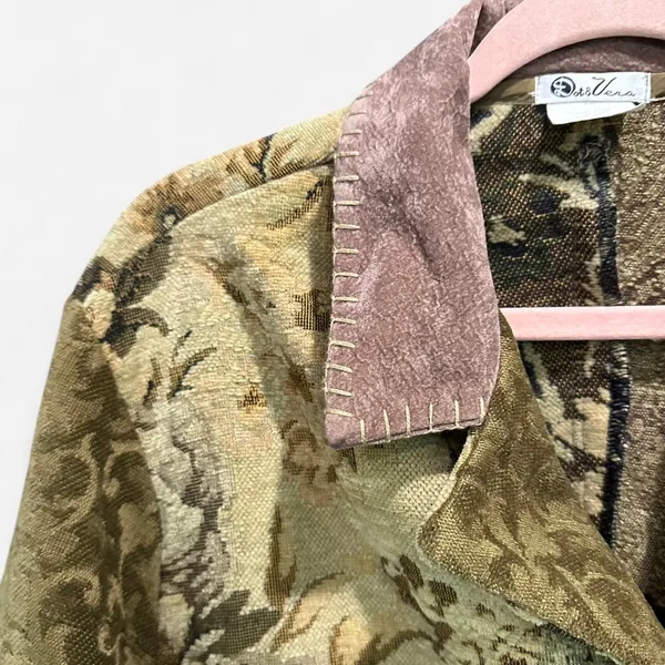 Vintage Y2K Boho Patchwork Tapestry Carpet Jacket Suede Collar Made in USA - Image 6