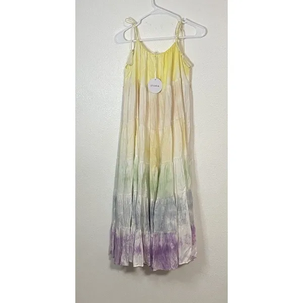STORIA Tie Dye Maxi Dress Colorful Sleeveless Tasseled Straps Size S 100% Rayon - Image 5