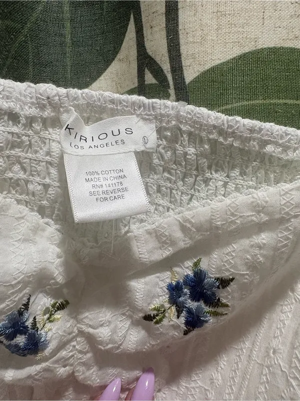White Eyelet Crop Top with Blue Embroidered Florals - Image 2