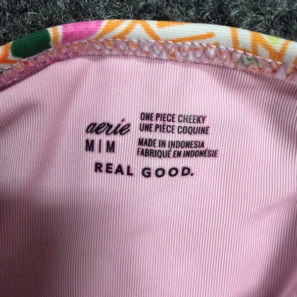Aerie Real Good One Piece Cheeky Swimsuit Pink Green Floral Paisley Cutout Med - Image 3