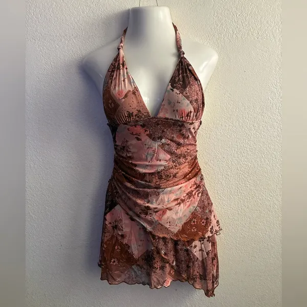 SheIn Y2K Fairytale Floral Halter Boho Backless Rusty Orange Patchwork Mini Dress S - Image 3