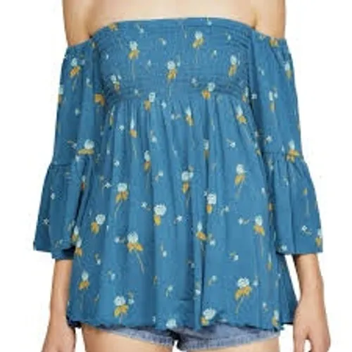 Free People Top Size S Blue Smocked Off-The-Shoulder Floral Bell Sleeve Boho‎ - Image 3