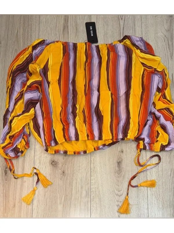 Miss Me Yellow Multi-Stripe Off-Shoulder Blouse long sleeve shirt top - Image 2