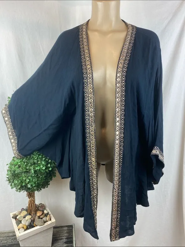 Altar’d State Navy Blue & Gold Trim Open Front Short Sleeve Top S - Image 2