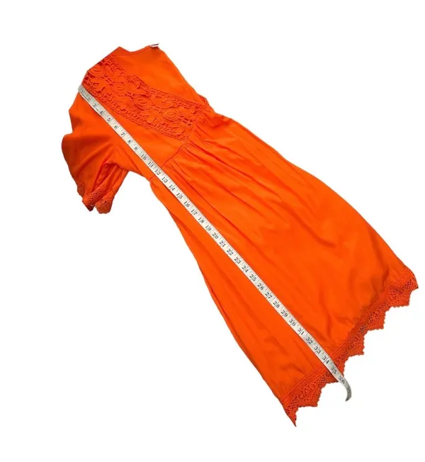 Embroidered V- neck mini dress orange with crochet lace hem sleeves - Image 7