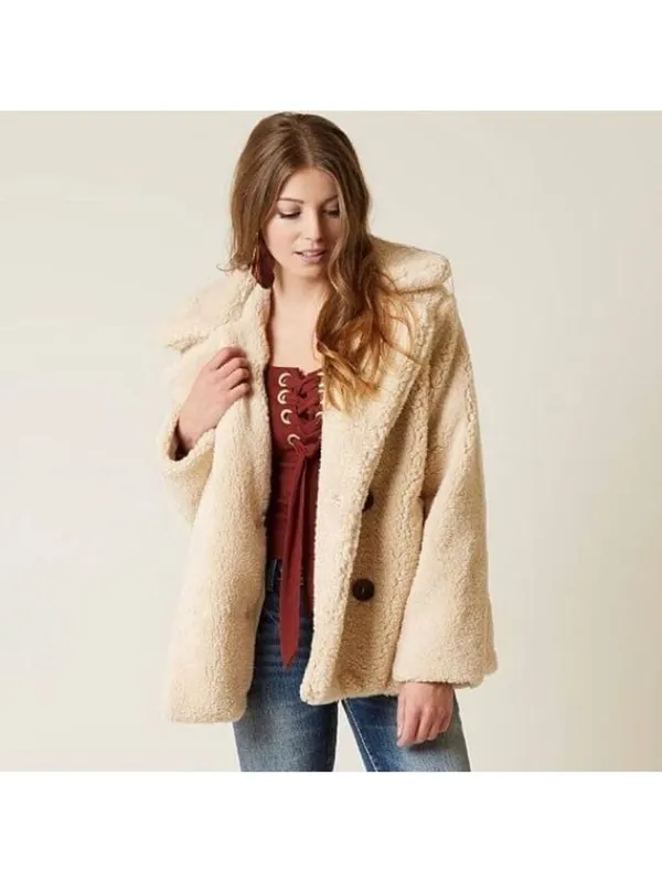 Free People Notched Teddy Sherpa Oversized Peacoat in Oatmeal Size XS - Image 2